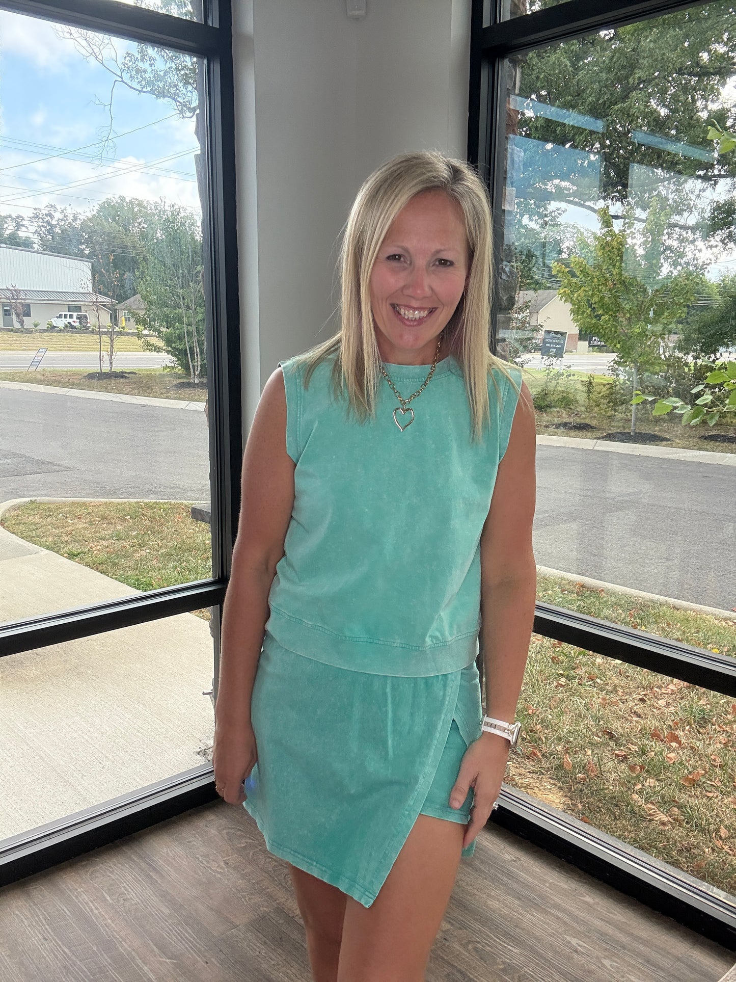 Green Acid Wash Skort Set
