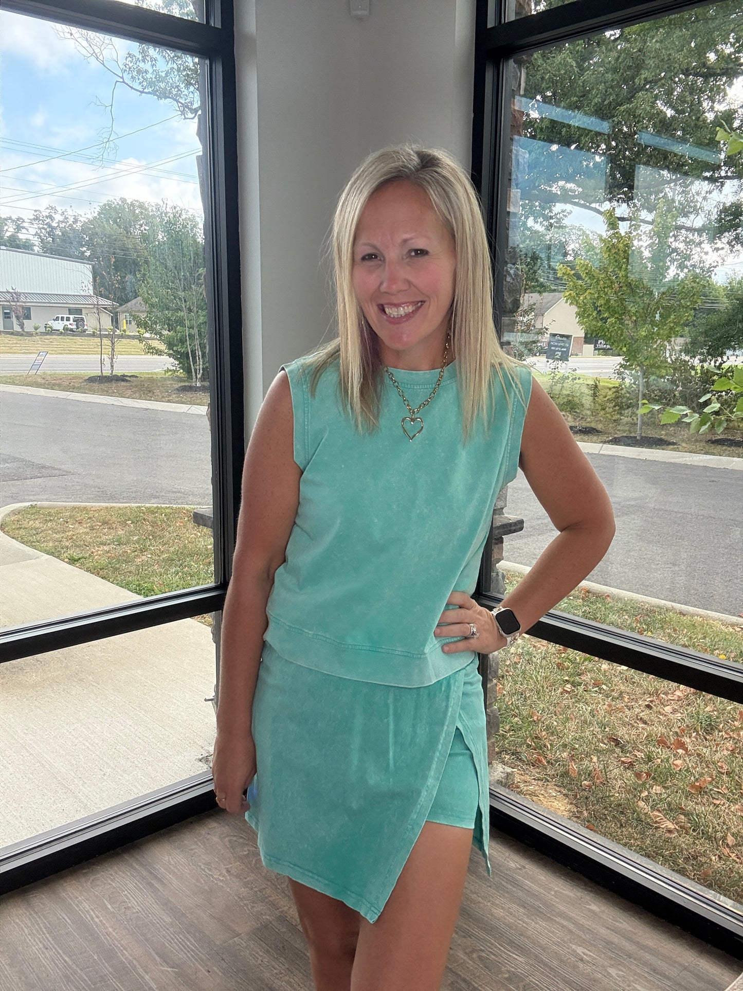 Green Acid Wash Skort Set