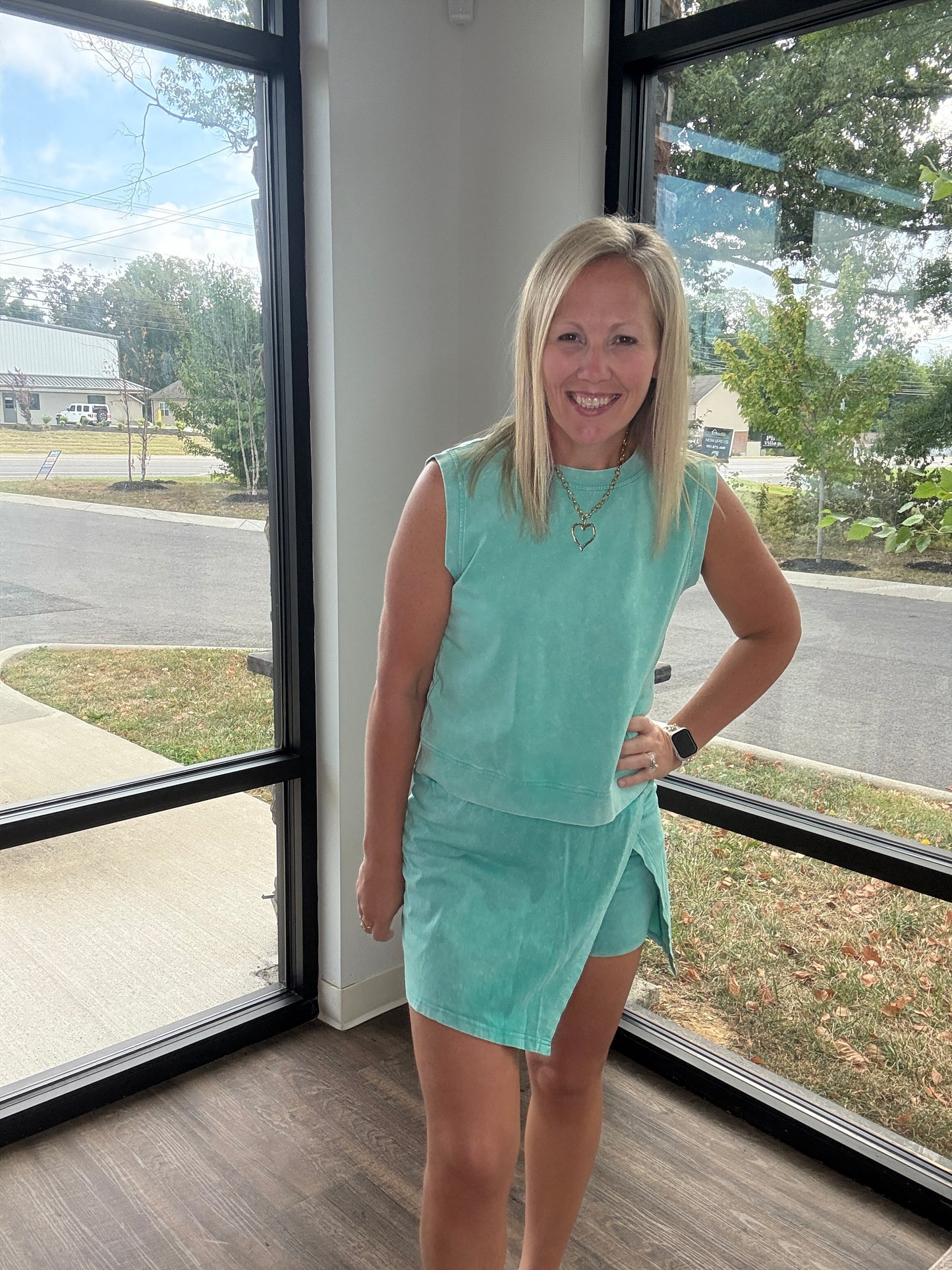 Green Acid Wash Skort Set