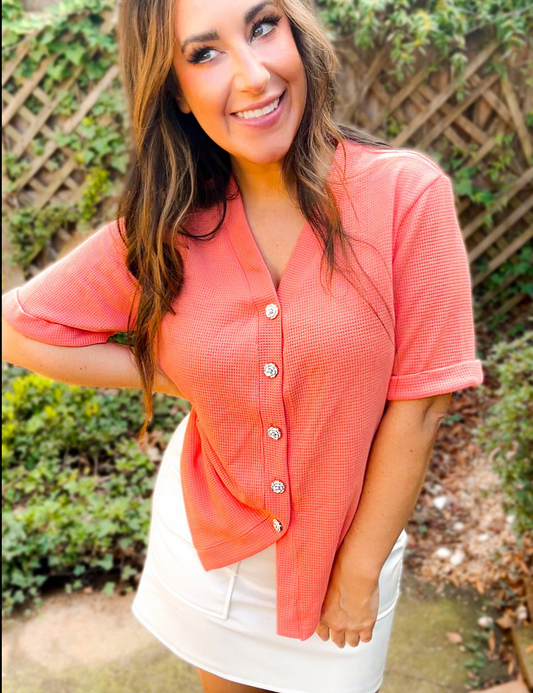 Rose Waffle Knit Top- Coral