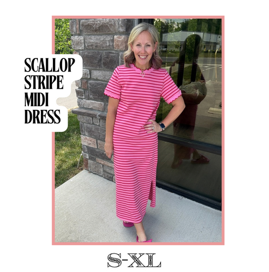 Scallop Striped Midi Dress