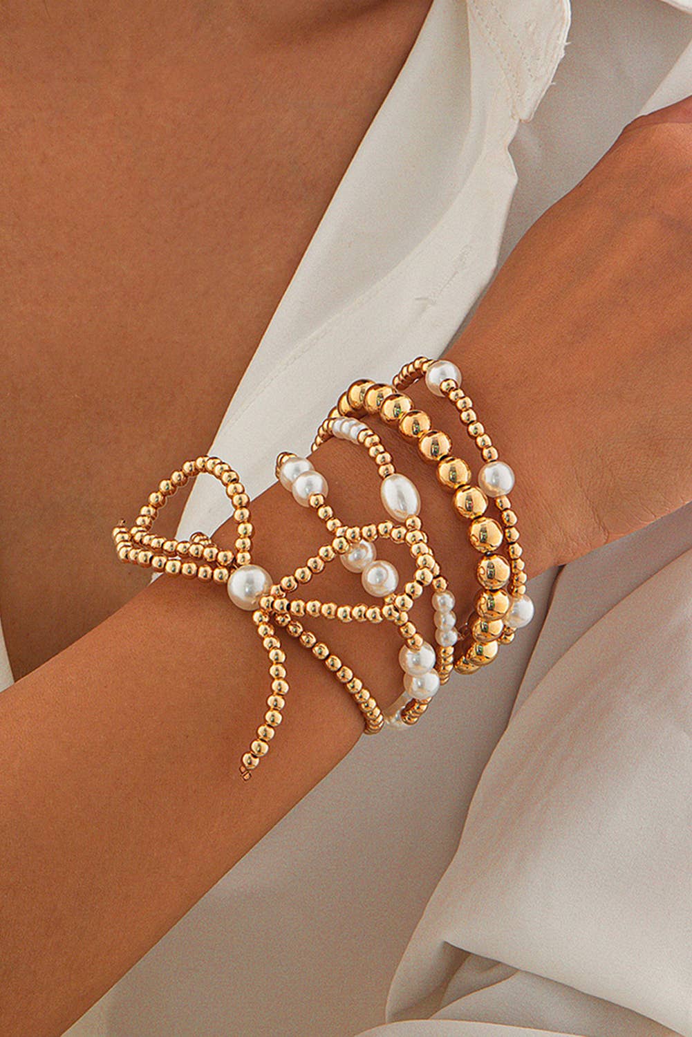 Bow Knot Pearl Beaded Bracelet Set